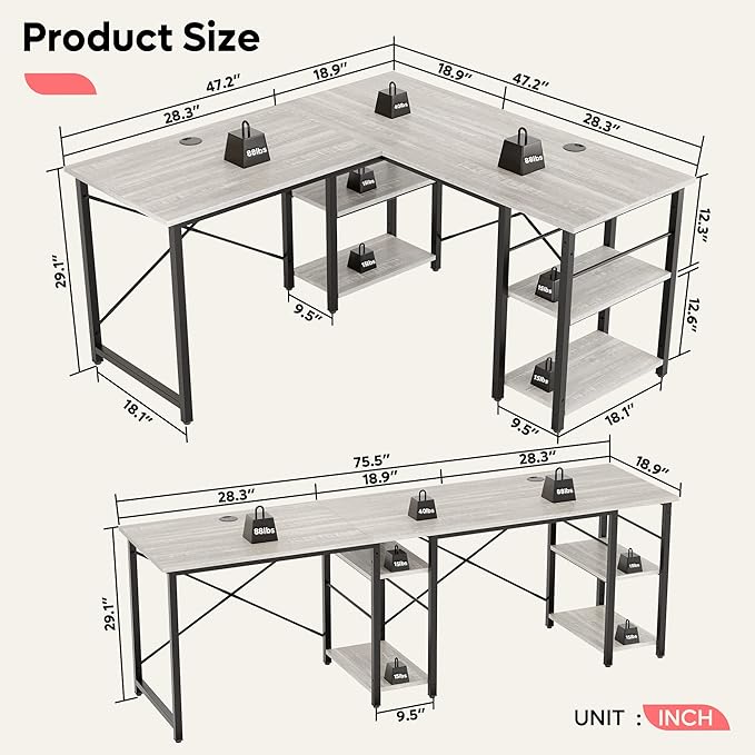 Bestier L Shaped Desk with Shelves 75 Inch Reversible Corner Computer Desk or 2 Person Long Table Writing Study Desk for Home Office Small Space Bedroom Apartment Wash White