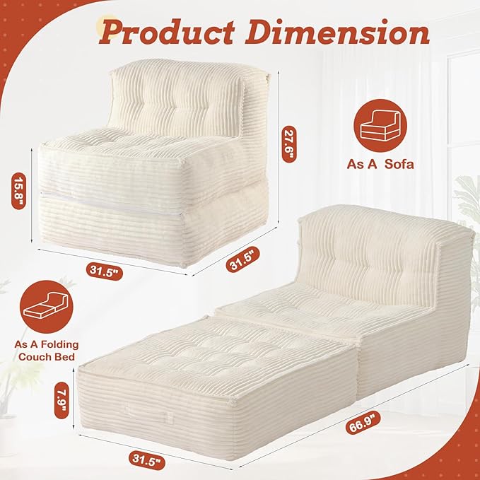 Folding Sofa Bed 5-in-1 Convertible Sleeper Reading Chair Corduroy Futon Sofa Bed Foldable Mattress with Back Support Portable Fold Out Chair Bed Comfy Floor Lounge for Living Room Bedroom