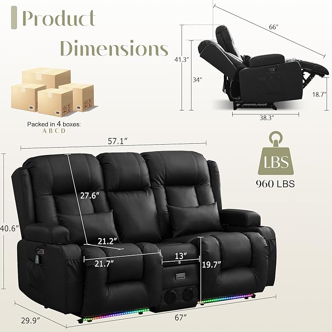 TUNYI Power Loveseat Recliner Sofa Faux Leather Reclining Sofa with Console RV Reclining Loveseat Couch with USB/Outlet/Storage/Side Pocket/LED Light/Speaker (Black Loveseat)