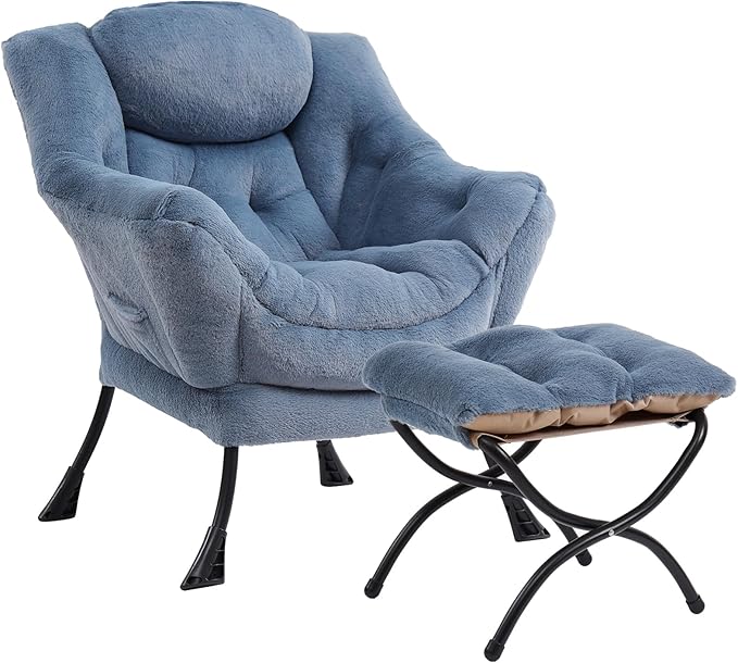 Lazy Chair with Folding Ottoman Modern Accent Armchair with Armrests and a Side Pocket &amp Foldable Footstool Reading Chair for Living Room Bedroom &amp Dorm Plush Light Blue