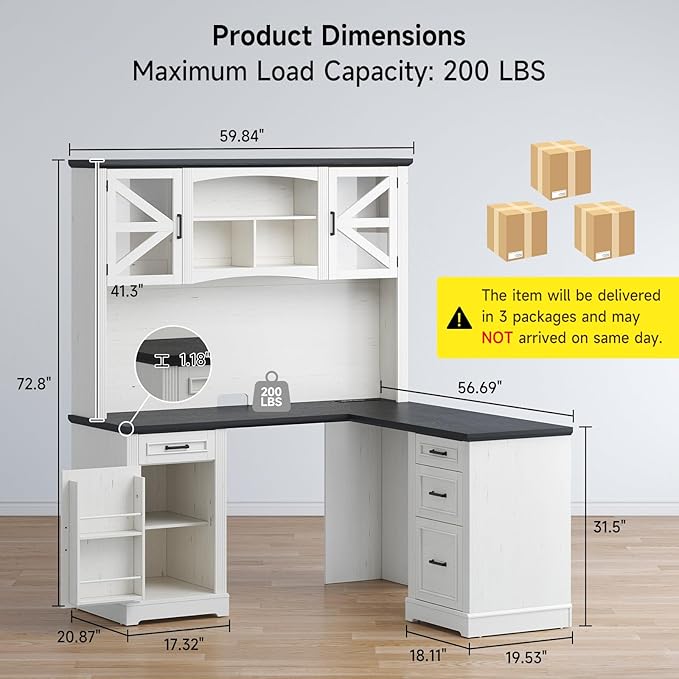 ONBRILL 72 L-Shaped Executive Desk with Hutch Farmhouse L-Shaped Computer Desk with 4 Drawers File Drawer and Power Outlet Home Office Computer Desk for Living RoomStudy Room (Off White&amp Blac