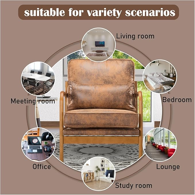 Leather Armchair with Wood Frame Waist Cushion Mid Century Modern Comfortable Single Person Sofa Chair Armrest Reading Accent Chairs for Living Room Bedroom (Brown)