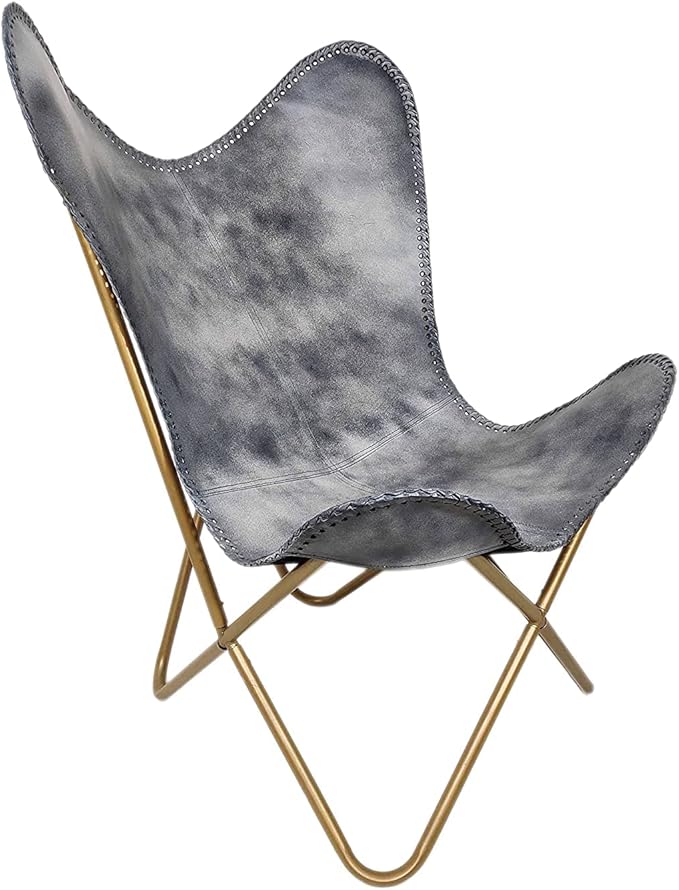 PLW Handmade Gray Leather Butterfly Chair with Ottoman – Folding Lounge Chair Set with Gold Iron Frame Vintage Accent Seating for Living Room Bedroom or Office