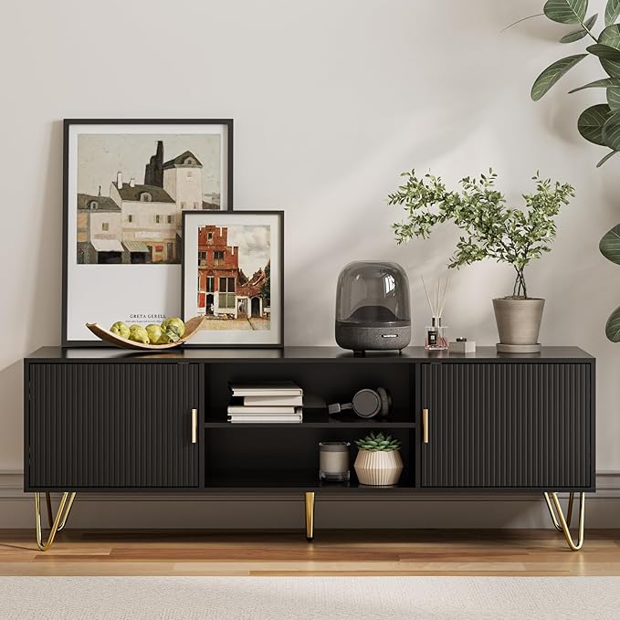 TV Stand for 55-65 inch TV Entertainment Center with Soft Hinge DoorTV Console Table with 2 Cabinets with Gold Handle and Feetfor Living Room Bedroom Black