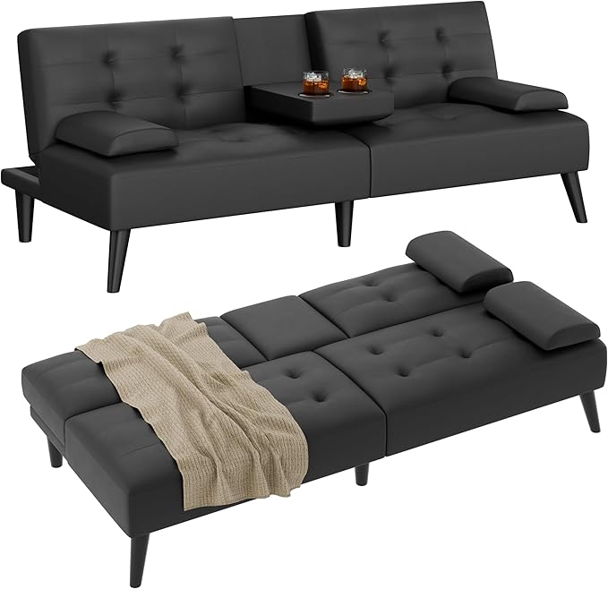 JAMFLY Small Futon Sofa Bed Modern Convertible Folding Loveseat Black Leather