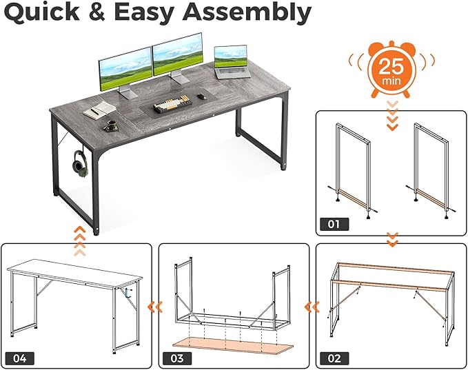 Casaottima 63 Inches Small Computer Desk Work Study Table for Home Office Kids Student Writing Desk with Headphone Hooks Grey