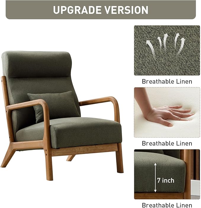 ANJ Mid Century Modern Accent Chair with High Back Single Lounge Armchair with Solid Wood Frame Comfy Reading Chair for Living Room Easy Assembly