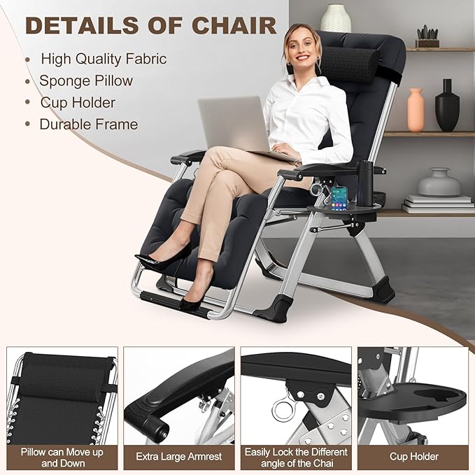 DoCred Comfy Folding Recliner Chair - Bedroom &amp Living Room Patio Lounge Chair with Removable Cushion for Indoor Outdoor