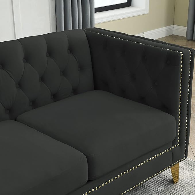 mikibama Velvet Modular Sectional SofaModern L-Shaped Sofa Couch with Nailhead Trim5 Seater Corner Sofas for Living RoomApartmentButton Tufted with Gold Metal Legs (Black L-Shape)