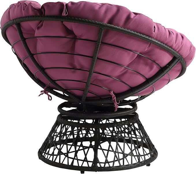 OSP Home Furnishings Wicker Papasan Chair with 360-Degree Swivel Grey Frame with Purple Cushion