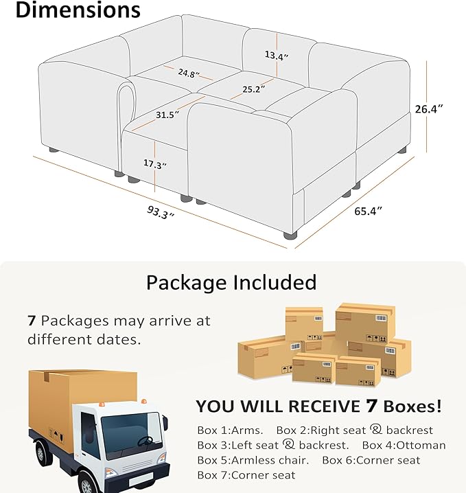 VANOMi Oversized Modular Sectional Sofa Sleeper Sectional Couches for Living Room 6 Seats Modular Sofa with Reversible Chaises Cream White