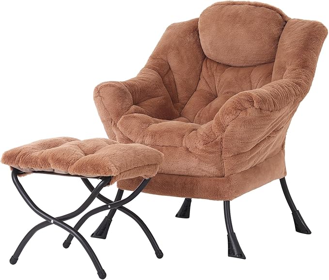Welnow Lazy Chair with Ottoman Modern Accent Chair with Armrests and a Side Pocket Leisure Sofa Armchair Reading Armchair with Footrest for Small Space Plush Brown