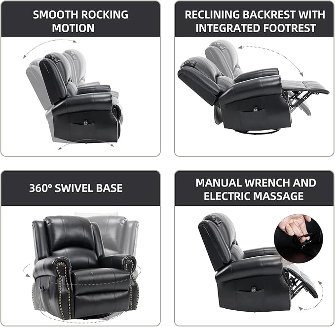 PELUMY Breathable Leather Swivel Rocking Recliner Chair for Adults 360° Swivel Glider Rocker with Heat &amp Vibrating Massage Lounge Chair for Living Room Bedroom Nursery (Black)