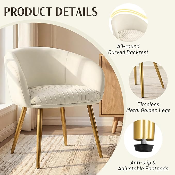 Accent Velvet Makeup Vanity Chair Boucle Modern Tufted Girls Desk Chair No Wheels with Gold Metal Legs 20 Extra Wide Cushion Armchair for Bedroom Bathroom Dining Room Living Room Cream Beige