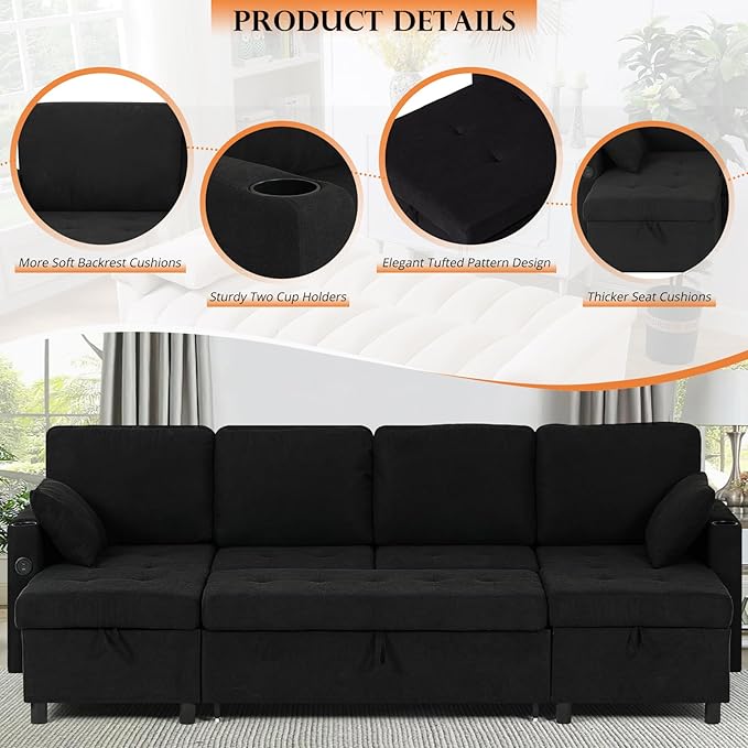 110 Inch Sleeper Sofa Bed w/7 Angles Adjustable Backrests Fabric sectional Sofa Bed w/USB Port Convertible U-Shaped Couch Bed w/Storage Chaise &amp Thicker Cushions for Living Room Black