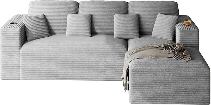 110 Modular Sectional Sofa Cloud Couch Modern Deep Seat Fluffy Corduroy Boneless Couch with Cup Holder Comfy L Shaped Sectional Couches for Living Room Bedroom. (Right Facing Grey)