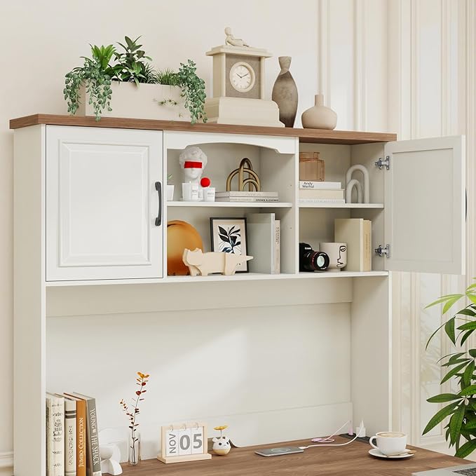 Vabches Farmhouse 68 H L Shaped Executive Desk with Hutch Computer Desk with Charging Station Corner Wood Workstation with File Drawers and Barn Doors for Home Office and Study