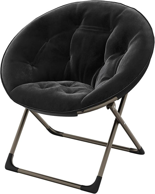 Saucer ChairFaux Fur Comfy Folding Chair with Folding Metal Frame Oversized Plush Flower Accent SeatLounge Moon Chair for Bedroom Dorm or Living RoomBlack