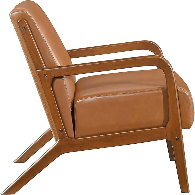Lexicon Mid Century Modern Accent Chair with Solid Wood Frame and Legs Upholstered Living Room Chairs Comfy Club Chair Faux Leather Armchair for Living Room Bedroom Office Waiting Room Cognac Tan