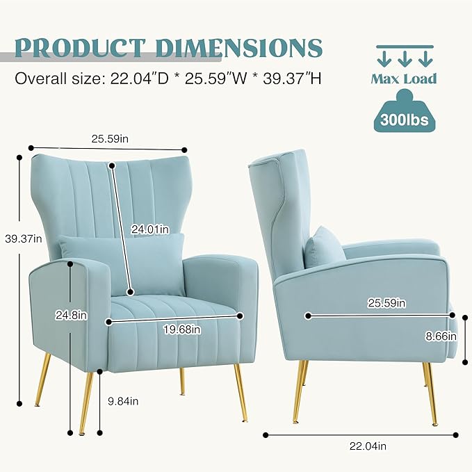 Modern Accent Chair Upholstered Living Room ChairHigh Back Arm Chair with Metal Legs Lumbar Reading Chair for Bedroom Apartment Small Spaces Sky Blue