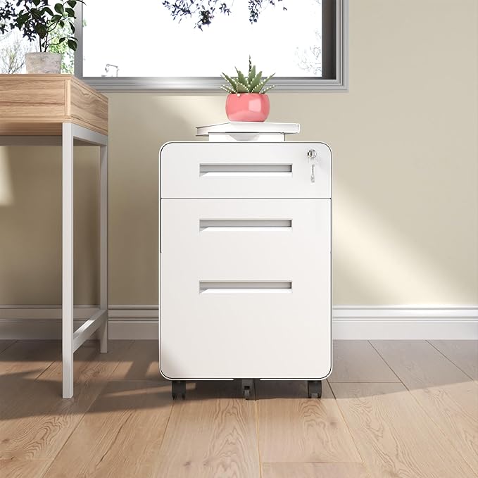 3-Drawer Mobile File Cabinet - All-Steel Wide with Lock Fully Assembled Metal Storage Cabinet on Casters 110lbs/Drawer Capacity for Home Office Organization (White)