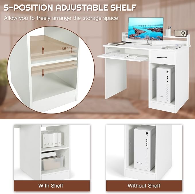 COSTWAY Computer Desk with Hutch Home Office Desk with Drawer Adjustable Shelf &amp Keyboard Tray Study Writing Desk Executive Workstation for Living Room Bedroom &amp Study (White)