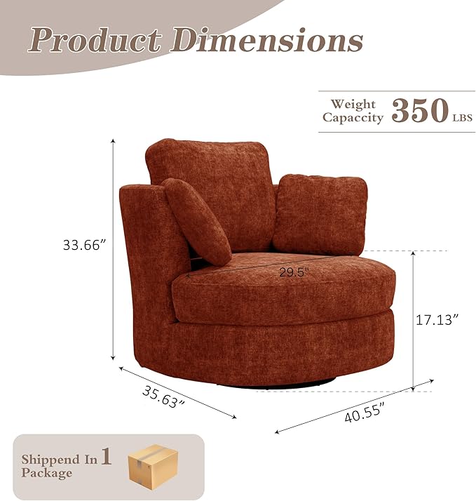 Mlmh &amp Kngwa Oversized Swivel Chair 40 inch Round Swivel Accent Chair with 3 Pillows Modern Barrel Chairs for Living Room Cozy Chenille Chairs for Reading Nook Bedroom Terracotta