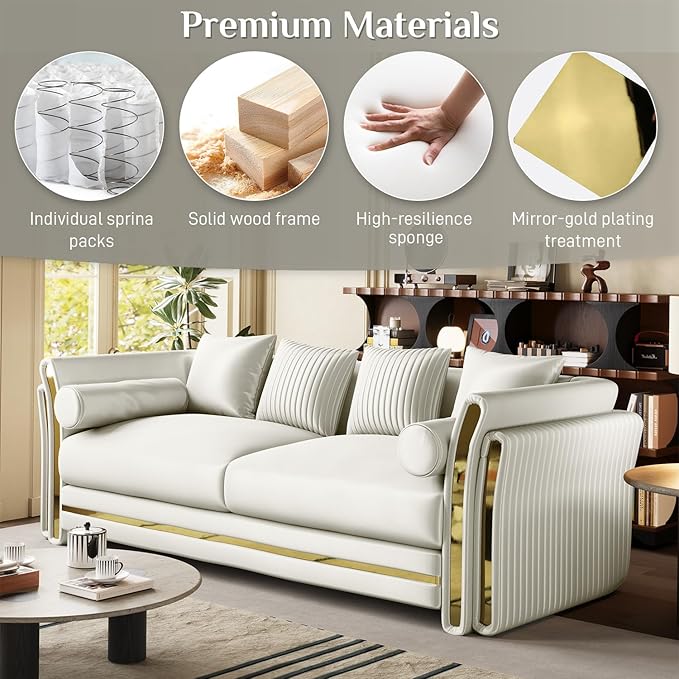 86.7 Luxury Velvet Sofa Chesterfield Tufted Couch Vintage White and Gold Couch Mid Century Victorian Couches for Living Room 3 Seater with 4 Pillows &amp 2 Bolster Pillows Beige White