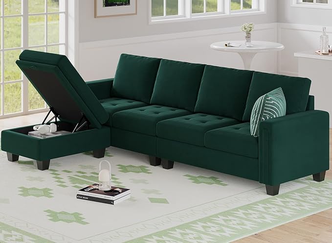 Belffin Velvet Reversible Sectional Sofa with Chaise Convertible L Shaped 4-seat Sectional Couch with Storage Ottoman Green