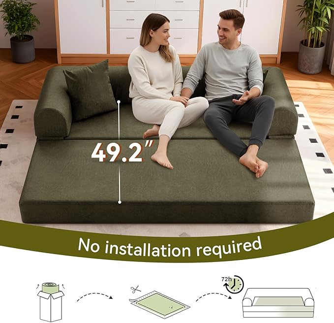 4-in-1 Folding Convertible Sofa Bed 78 Inch Faux Leather Boneless Couch Loveseat Sleeper with Pull Out Bed Floor Sofa Modular Futon Teddy Sofa for Living Room Bedroom Lounge Green