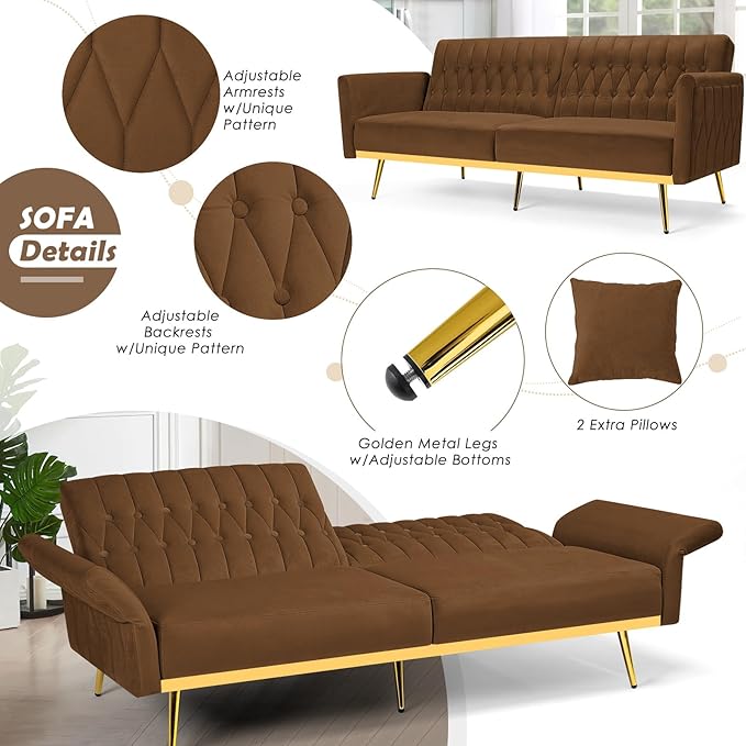 70 Velvet Futon with Adjustable Backrest and Armrests Sofa Bed with Extra Pillows for Waiting Room Living Room and Office Brown