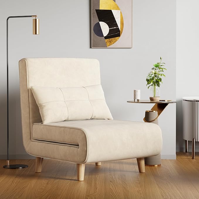 Aiho Futon Sofa Bed 3-in-1 Convertible Sleeper Chair Bed Futon Chair with 6-Level Adjustable Backrest and Pillow for Guest Room Apartment Dorm Velvet Beige