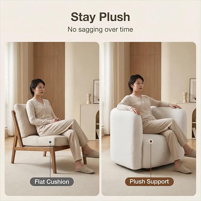 Modern Boucle Accent Square Sofa Chair Oversized Single Cloud Couch Chair Japandi Style 1-Seater Armchair with Thick Foam Comfy Boucle Chair for Living Room &amp Bedroom White
