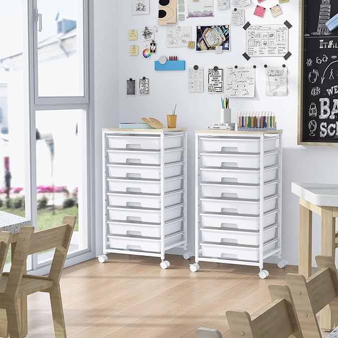 Rolling Storage Cart with DrawersUtility Cart With 8 Drawers and Wooden TabletopRolling Drawer CartStorage Drawer Cart for Living RoomClassroomBedroomBathroomDormOfficeWhite
