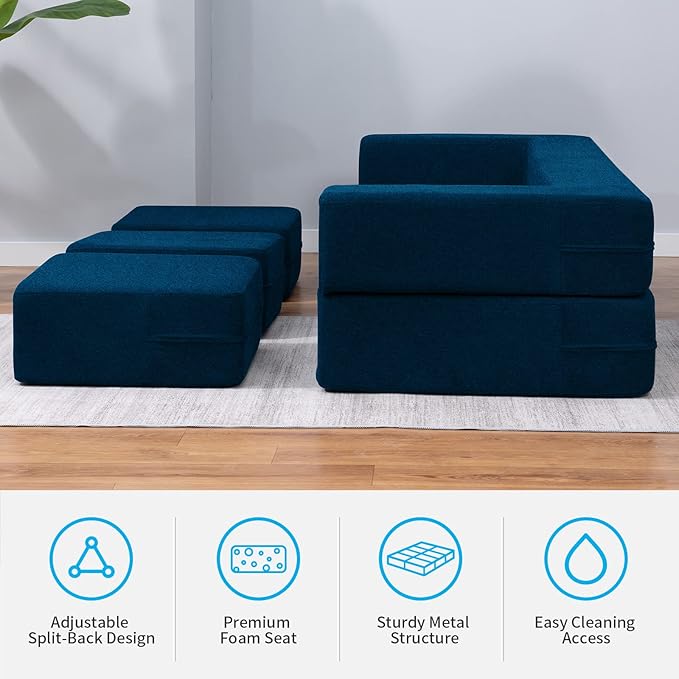Mjkone Queen Convertible Velvet Futon Sofa Bed with 3 Ottomans Memory Foam Fold Out Couch Bed Foldable Floor Sofa Guest Sleeper for Living Room Blue
