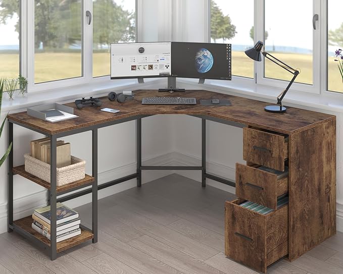 LVB Farmhouse L-Shaped Corner Desk with Drawers Reversible Home Office Executive Desk with Storage Cabinet Shelves Large Wood Metal L Shaped Table for Work Study Writing Gaming Rustic Brown 60 in