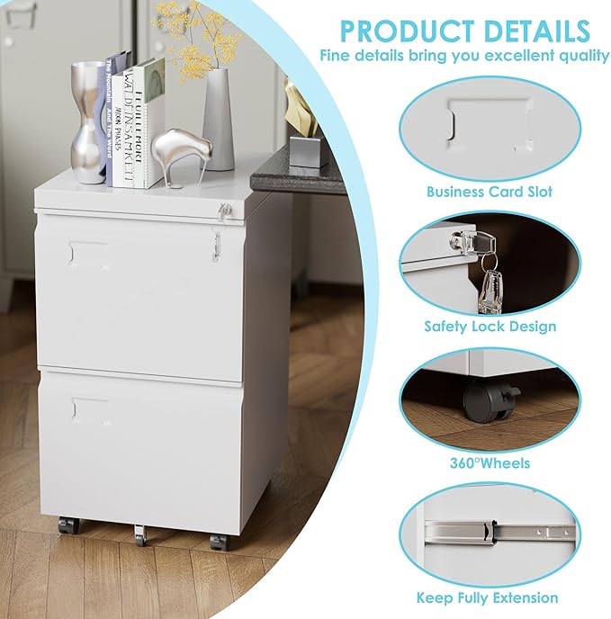 Aobabo 2 Drawer Filing Cabinet with Wheels Lockable Metal File Cabinet with Business Card Slot for Legal/Letter Size Home Office Required AssembledWhite