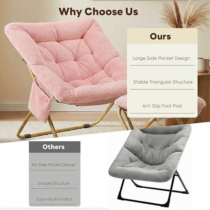 Folding Saucer Chair Comfy Reading Chair with Ottoman Plush Faux Fur Lounge Chair for Small Space Bedroom Dorm Living Room X-Large Lazy Chair for Adults Teens Kids