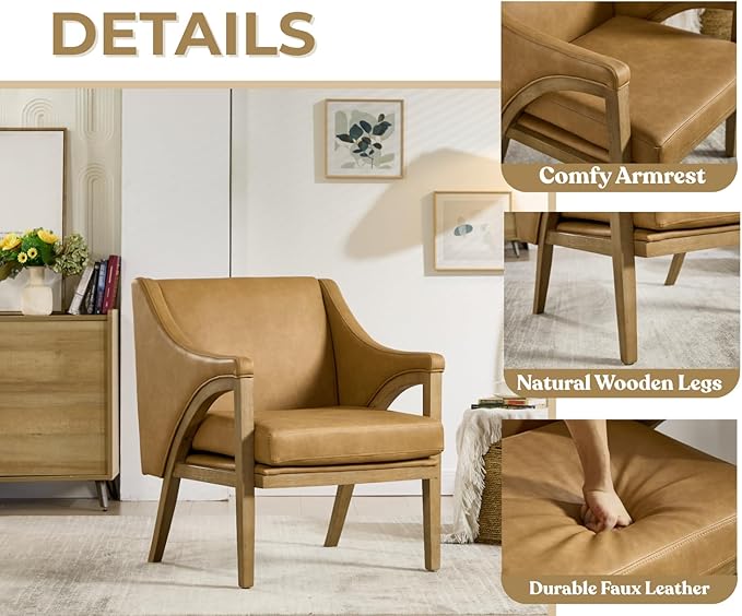 EALSON Modern Accent Chair Comfy Leather Living Room Chair with Wooden Frame and Armrest Mid Century Upholstered Reading Lounge Armchair for Living Room/Bedroom/Reading/Balcony Brown
