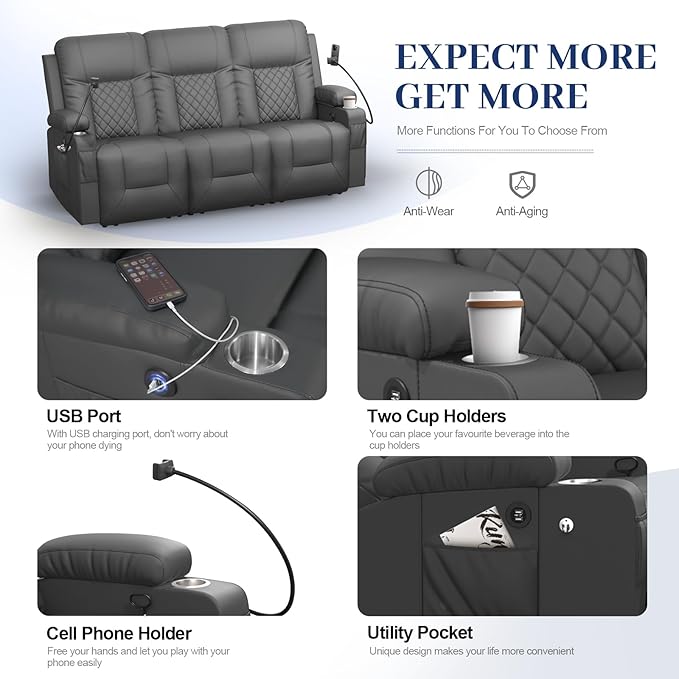 YONISEE 3 Seat Recliner Sofa Large Reclining Sofa with Storage Drawer Manual Recliner Couch with USB Ports 2 Cell Phone Holder 3 Seater Loveseat Recliner Couch for Living Room | Cell Phone Holder
