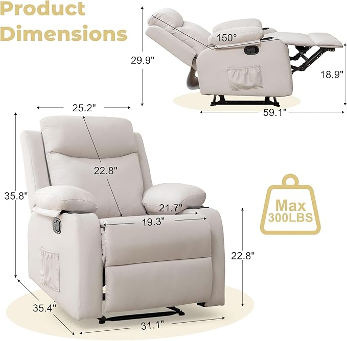 Manual Recliner Chair for Adults Small Recliners for Small Spaces Nursery Recliner with Adjustable Backrest Cup Holders and Side Pockets Reclining Chair for Living Room Beige