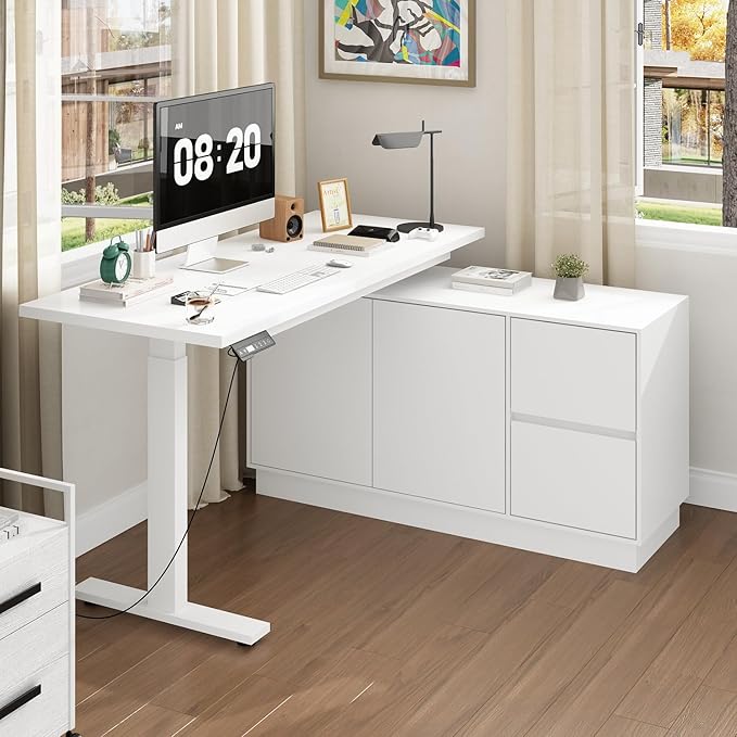 54.3 L Shaped Electric Standing Desk with File Cabinet Height Adjustable Stand up Desk with Drawers Home Office Computer Gaming Table White