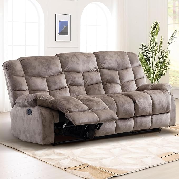 EBELLO Reclining Couch for Living Room Extra Wide Modern Overstuffed 3 Seat Recliner Manual Sofa Breathable Fabric and Padded Cushion Light Brown
