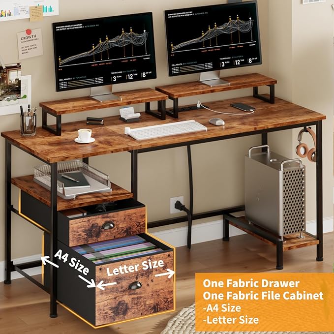 Furologee 55 Computer Desk with File Cabinet and Power Outlets Home Office Desk with 2 Movable Monitor Stands and Storage Drawer Writing Table with Shelves and 2 Hooks for Bedroom Rustic Brown