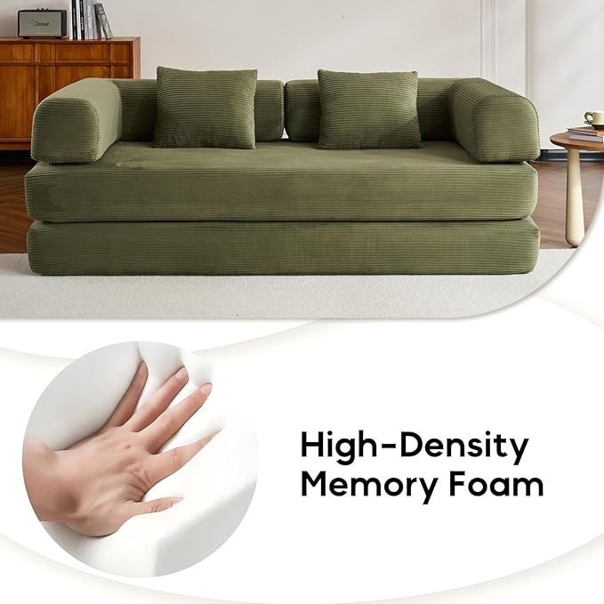 Convertible Sleeper Sofa Bed with Cylindrical Pillow Corduroy Folding Boneless Couch with Fixed-Shape Frame Comfy Floor Sofa Couch for Living Room No Assembly Required Green