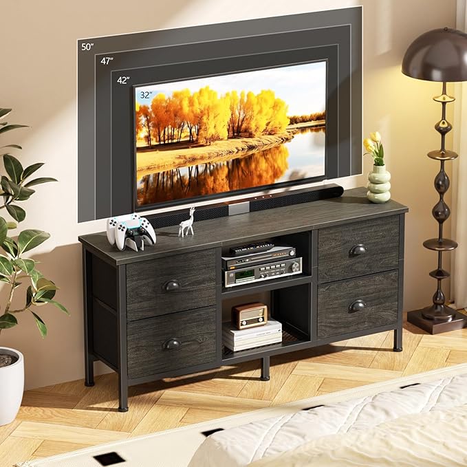 Furologee TV Stand with 4 Drawers 43 inch Entertainment Center with Open Shelves Media Center for 50 TV Television Stand for Bedroom Living Room/Light Black Oak