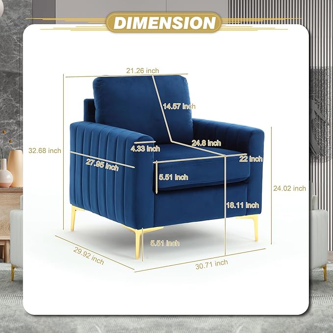 Modern Velvet Accent Chair Comfy Living Room Armchair with Thick Cushion Upholstered Reading Armchair Mid Century Sofa Chair with Gold Legs Side Chair for Living Room Bedroom Office Club Blue