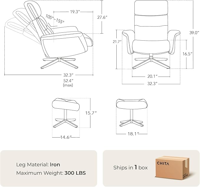 CHITA Genuine Leather Self-Weight Reclining Swivel Chair with Adjustable Headrest and Ottoman for Living Room Office Mocha