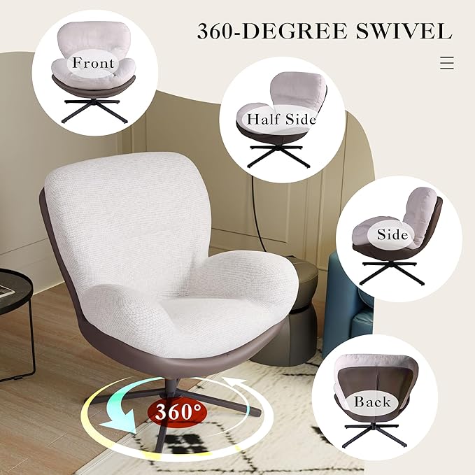 360° Swivel Office Chair Modern Chenille Chair with Faux Leather and Black Metal Base e No Wheels Accent Chair for Small Spaces Living Room Bedroom Reading Corner Office (White)