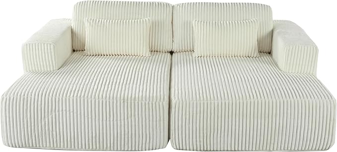 86-Inch Fluffy Corduroy Boneless Sleeper Daybed Loveseat Double Recliner Chaise Lounge Sofa Couches Floor Cloud Sofa Chaise W/4 Pillows for Home Apartment Living Room
